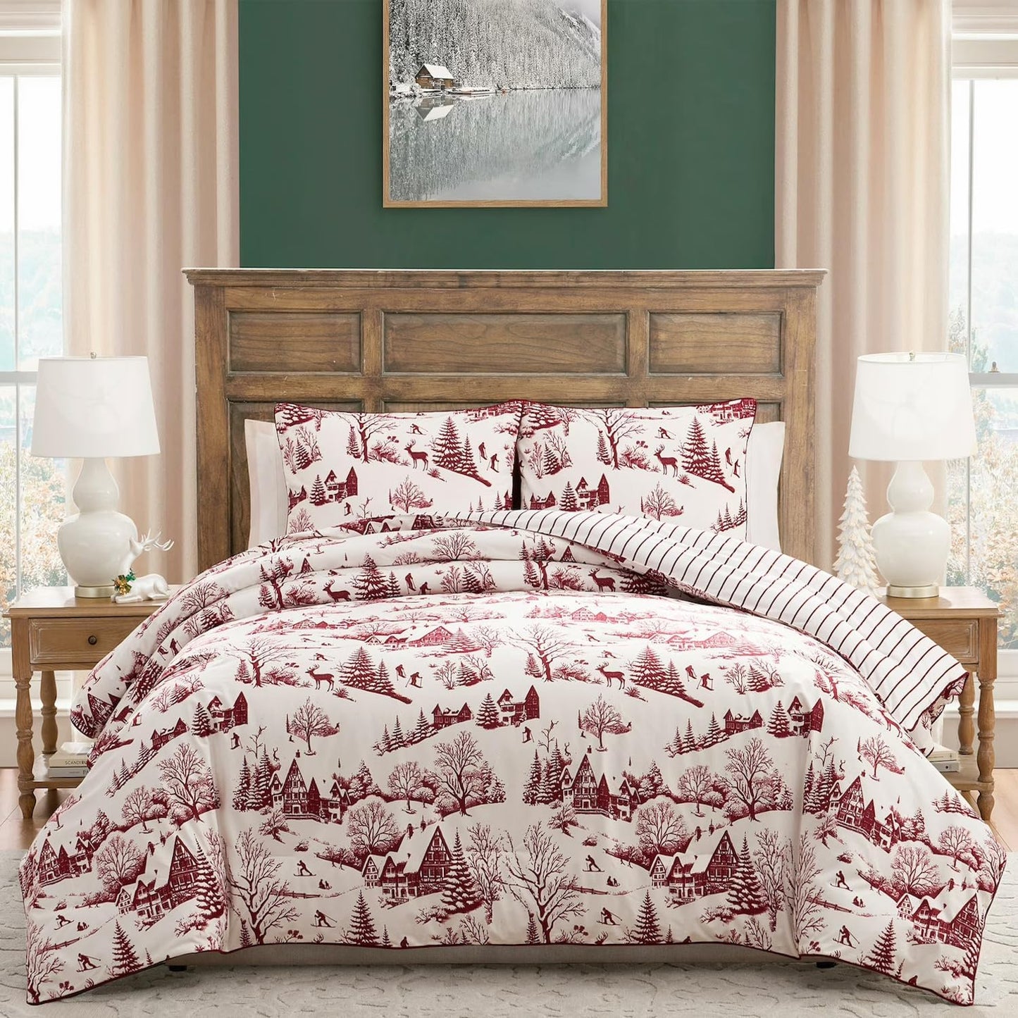 Coverless Printed Aurora Red Velvet Reversible Comforter Set - 3-Pieces , 10.5 Tog