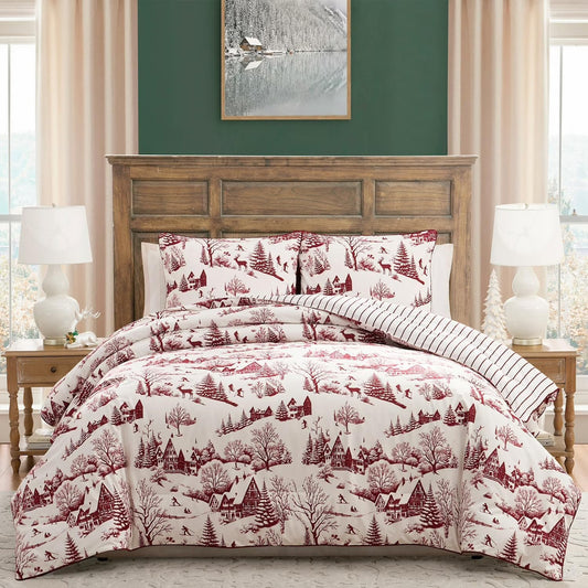 Coverless Printed Aurora Red Velvet Reversible Comforter Set - 3-Pieces , 10.5 Tog